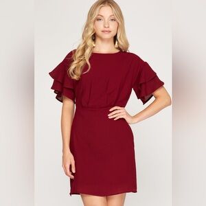 She + Sky Burgundy Maroon Ruffle Sleeve Dress